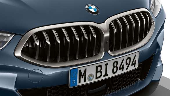 Пластини на бъбрековидната радиаторна решетка и вложка на Air Breather. BMW Серия 8 Купе, с фокус върху предната част, пластини на бъбрековидната радиаторна решетка и вложка на Air Breather.