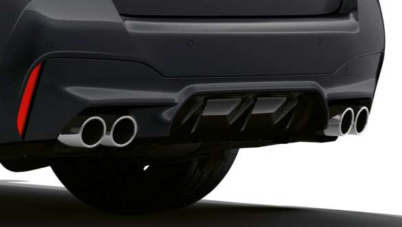 Специфични за М двойни ауспухови накрайници BMW M5 F90 2020 Специфични за М двойни ауспухови накрайници BMW M5 F90 LCI фейслифт 2020 Brands Hatch Grey metallic снимка отблизо задна броня