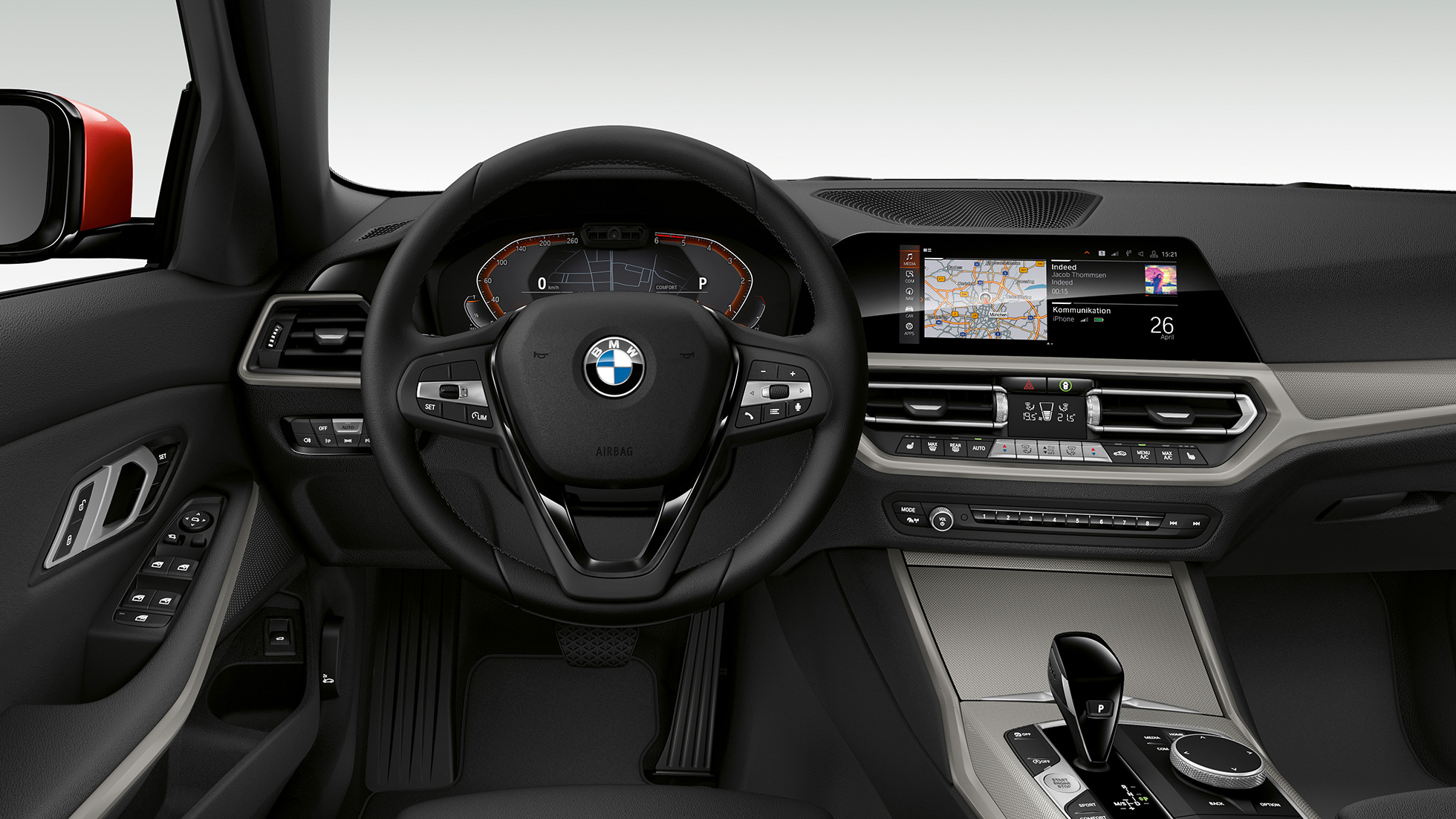BMW Серия 3 Седан, Модел Advantage кокпит. Фронтална снимка отблизо на кокпита от страната на водача на BMW Серия 3 Седан с оборудване Модел Advantage.