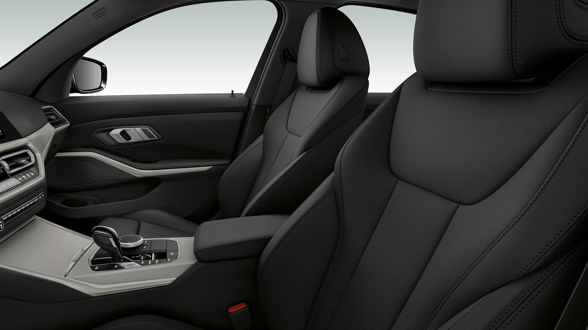 BMW Серия 3 Седан, предни седалки на Модел Advantage. Странична снимка отблизо на предните седалки на BMW Серия 3 Седан с оборудване Модел Advantage.