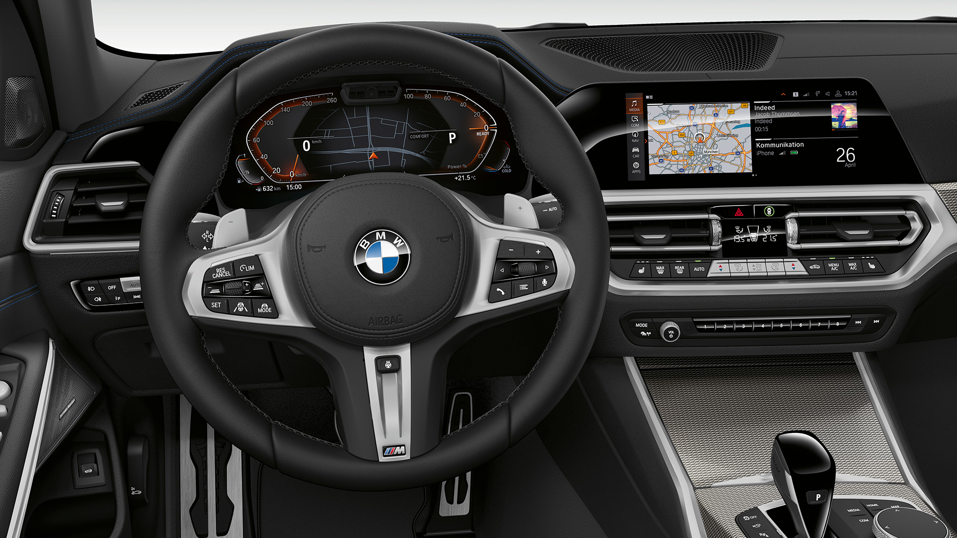 BMW Серия 3 Седан, Модел Sport Line, кокпит. Фронтална снимка отблизо на кокпита от страната на водача на BMW Серия 3 Седан с оборудване Модел Sport Line.