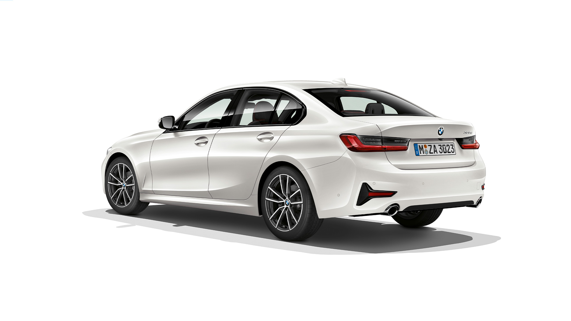 BMW Серия 3 Седан, Модел Sport Line, отзад. Три четвърти снимка отзад на BMW Серия 3 Седан с оборудване Модел Sport Line.