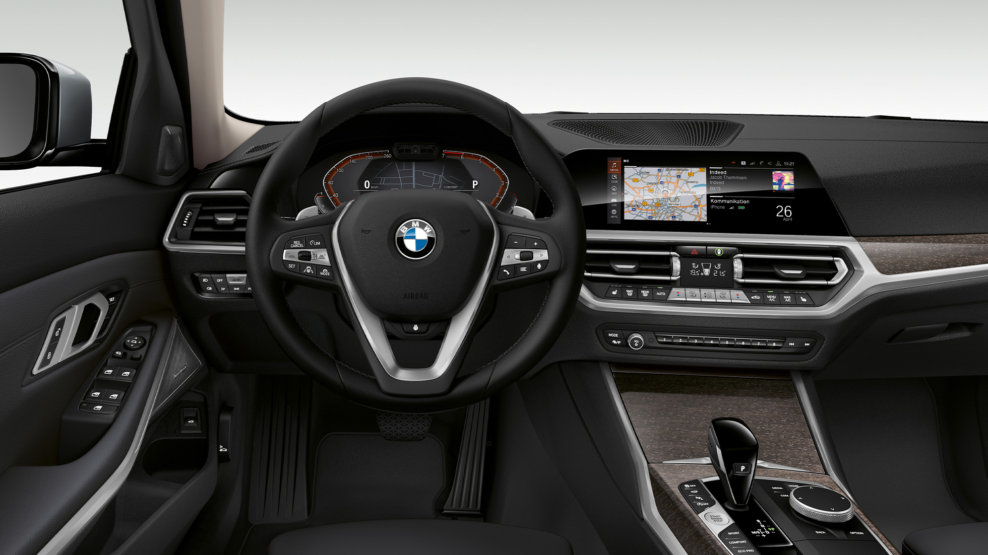 BMW Серия 3 Седан, Модел Luxury Line, кокпит. Фронтална снимка отблизо на кокпита от страната на водача на BMW Серия 3 Седан с оборудване Модел Luxury Line.