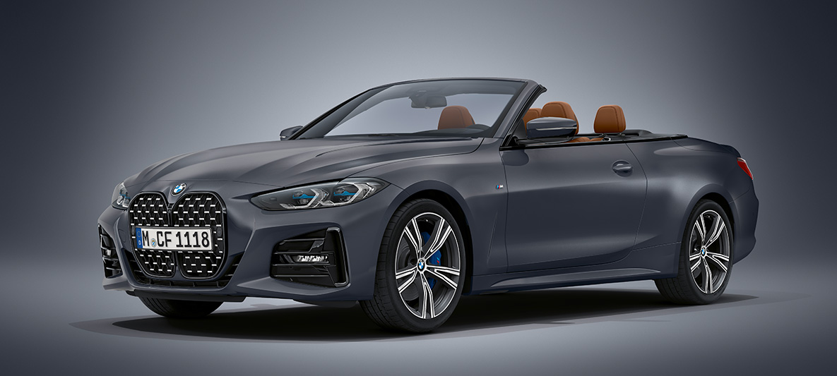 BMW Individual Frozen Deep Grey metallic BMW Серия 4 Кабриолет G23 2020 BMW Серия 4 Кабриолет Individual Frozen Deep Grey metallic G23 2020 три четвърти изглед отпред в покой