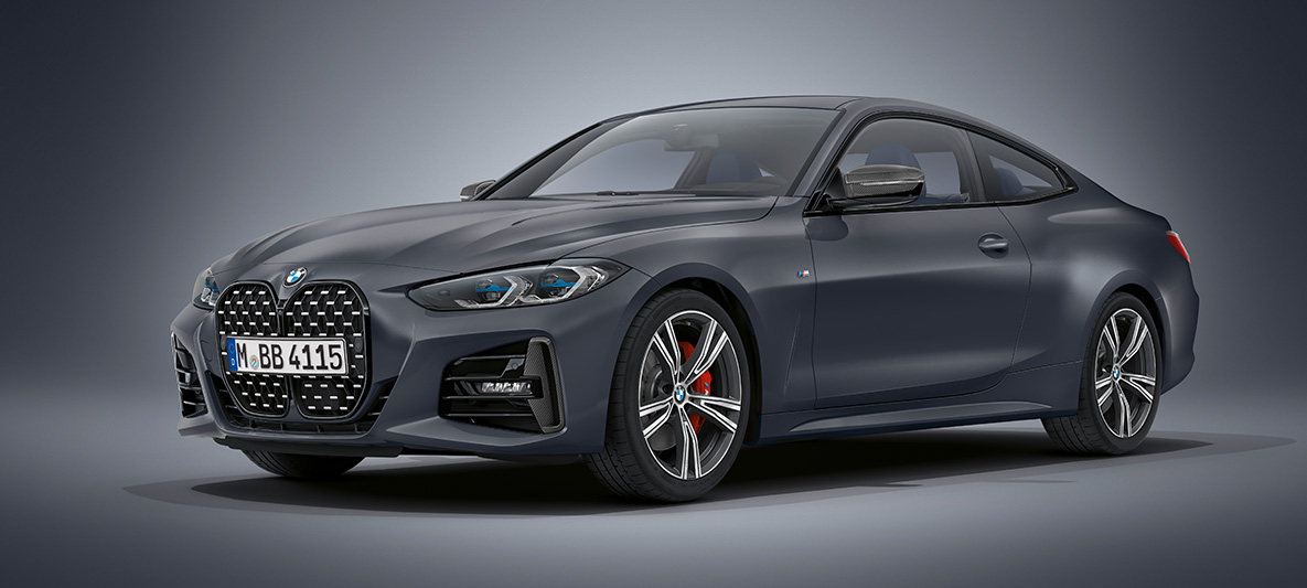 BMW Individual Frozen Deep Grey metallic BMW Серия 4 Купе G22 2020 BMW Серия 4 Купе Individual Frozen Portimao Blue metallic G22 2020 три четвърти изглед отпред в покой