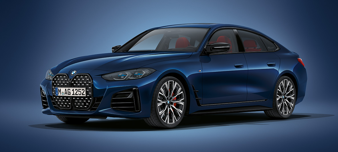 BMW Серия 4 Гран Купе G26 2021 BMW Individual Tansanitе Blue metallic BMW Серия 4 Гран Купе G26 2021 BMW Individual Tansanitе Blue metallic три четвърти изглед отпред в покой