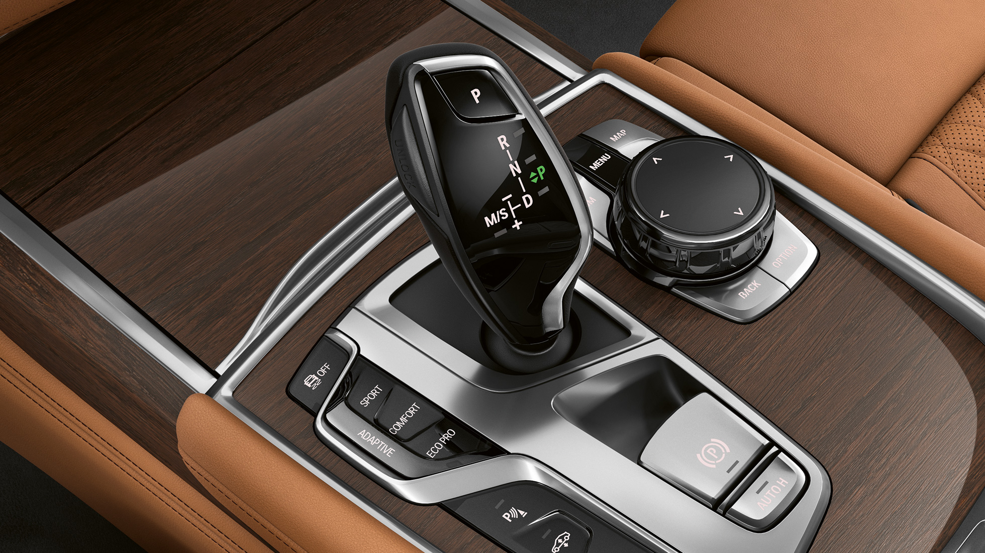 BMW Серия 7 с Exterior Design Pure Excellence, селектор на трансмисията BMW Серия 7 с Exterior Design Pure Excellence, снимка отблизо на селектора на трансмисията