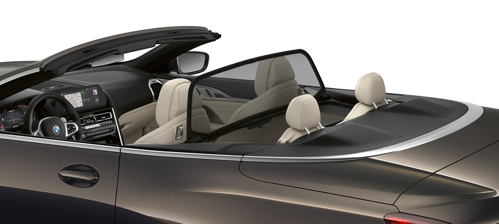 BMW M850i xDrive Dravit Grey metallic, страничен изглед с отворен покрив. BMW M850i xDrive Dravit Grey metallic, страничен изглед с отворен покрив.