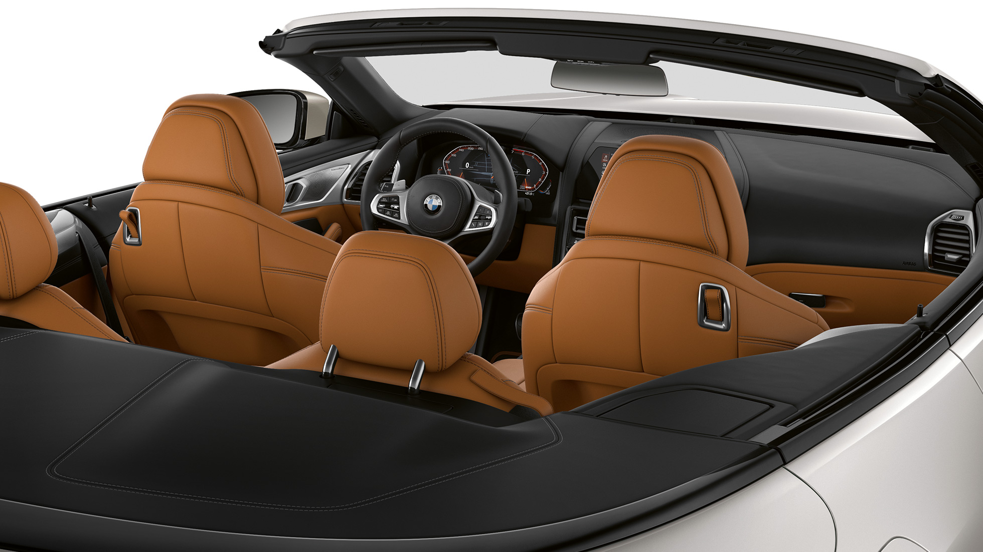 BMW M850i xDrive, интериор при отворен мек покрив. BMW M850i xDrive, интериор при отворен мек покрив.