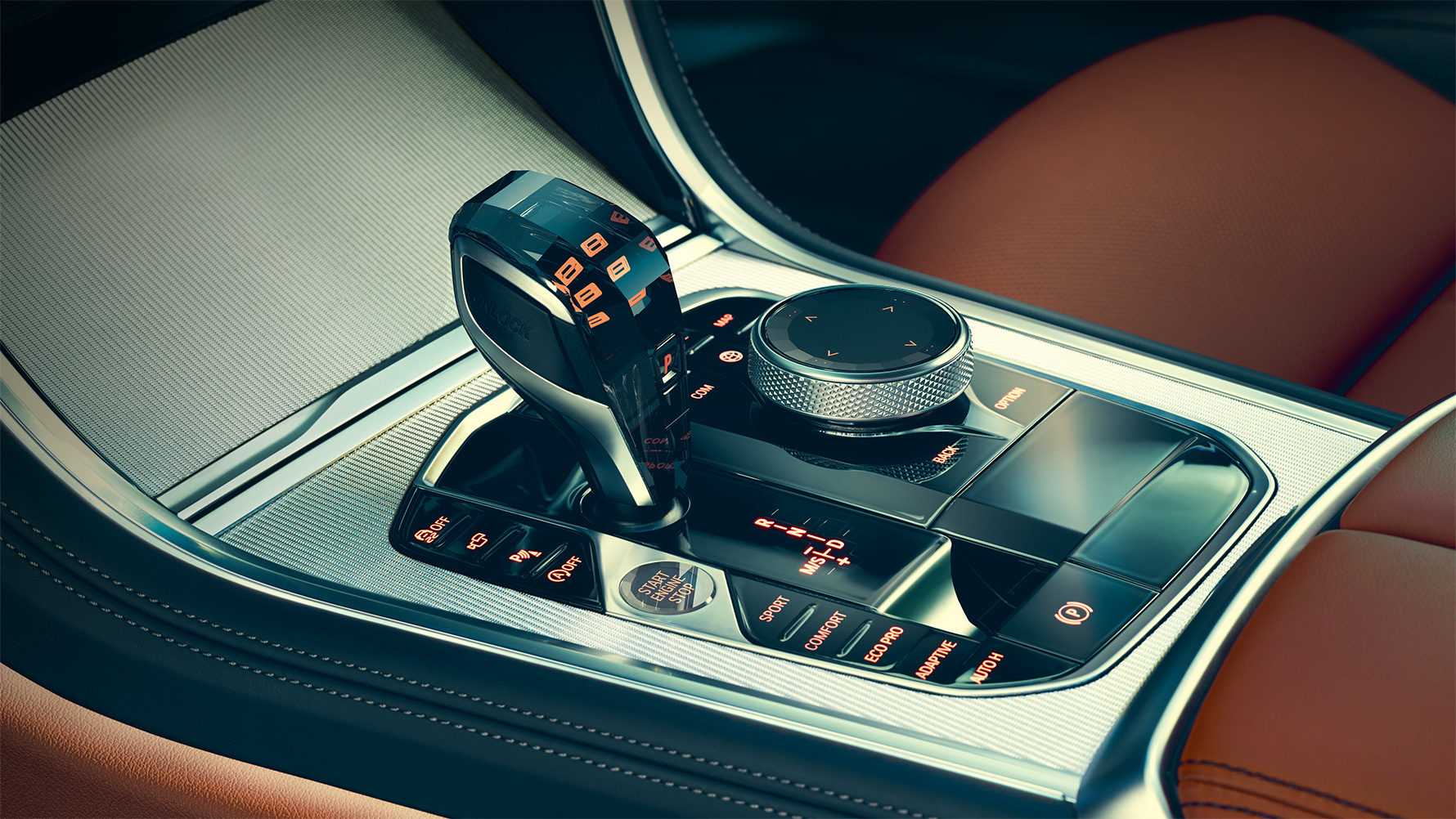 BMW Серия 8 Купе, стъклени апликации Снимка отблизо на стъклените апликации в интериора на BMW Серия 8 Купе.