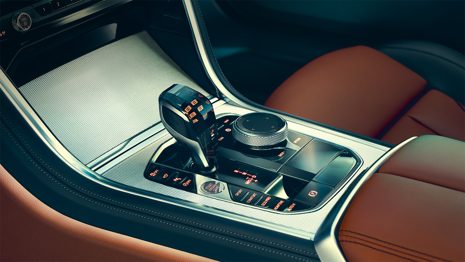 BMW Серия 8 Купе, средна конзола Снимка отблизо на интериора на BMW Серия 8 Купе, фокусирана върху средната конзола.