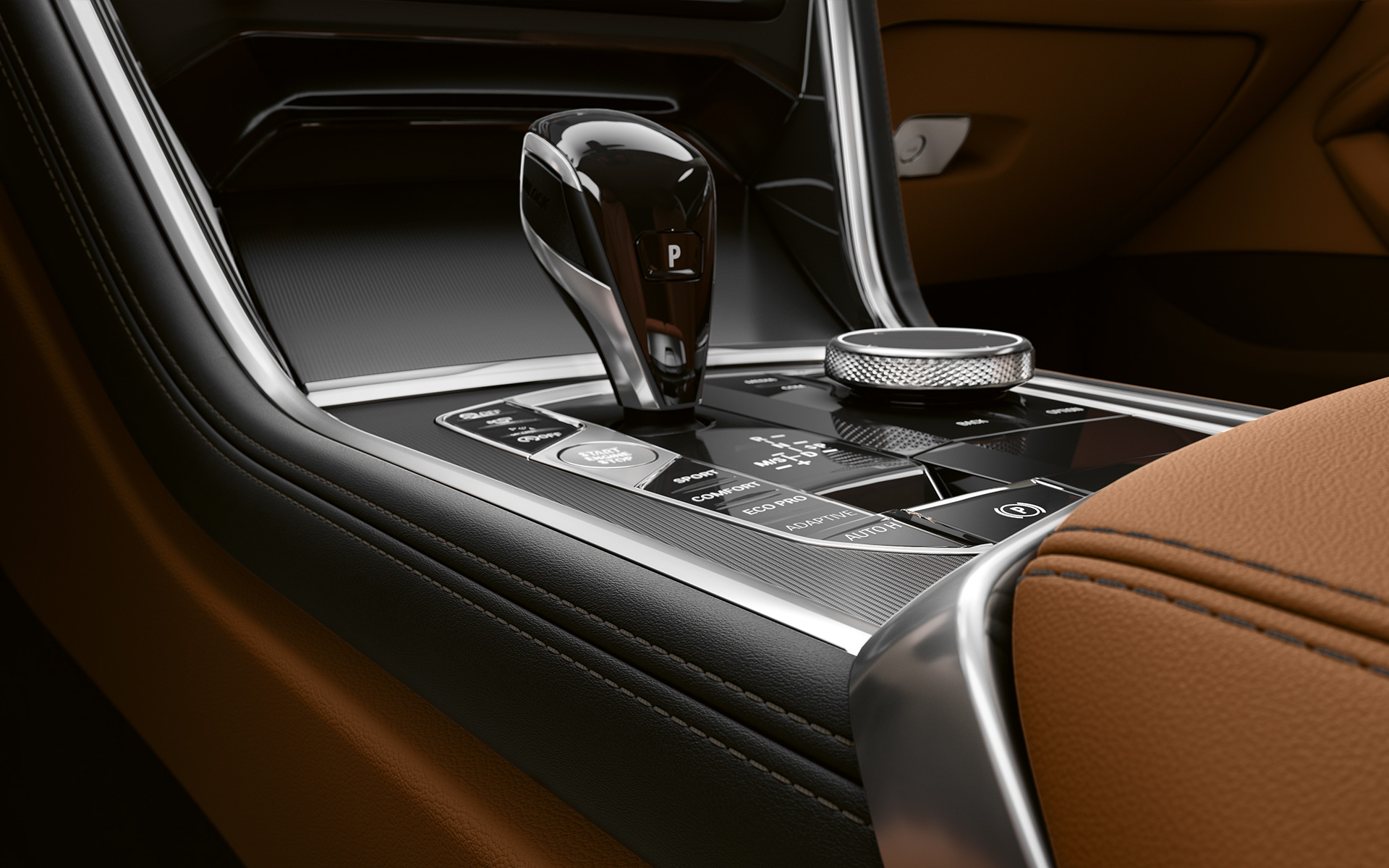 BMW Серия 8 Купе, средна конзола Снимка отблизо на средната конзола на BMW Серия 8 Купе.