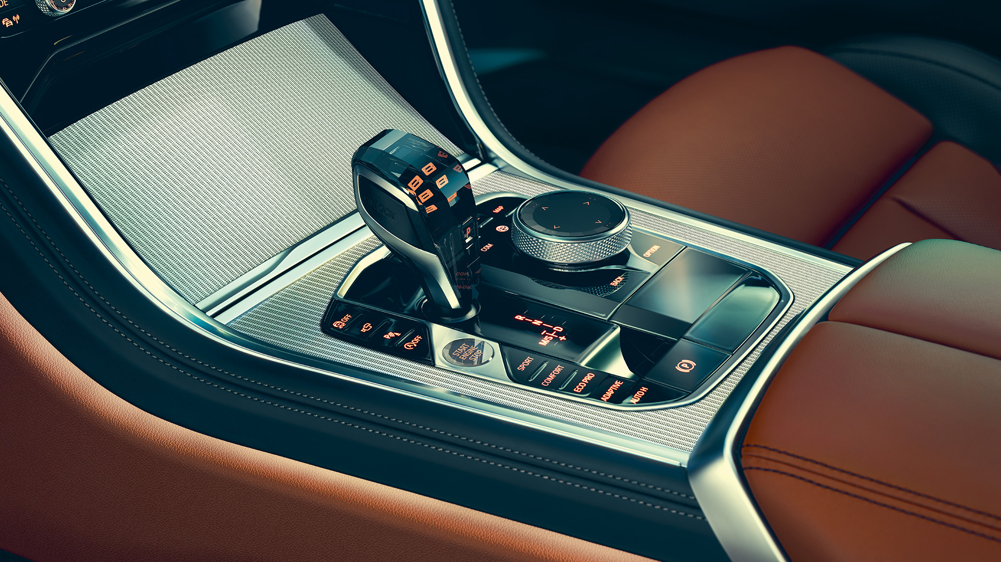BMW Серия 8 Купе, интериор. BMW Серия 8 Купе, интериор, снимка отблизо на селектора на трансмисията.