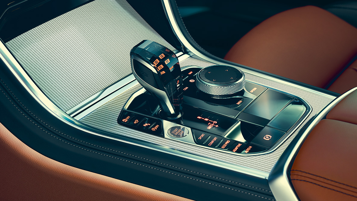 BMW Серия 8 Купе, средна конзола. Снимка отблизо на интериора на BMW Серия 8 Купе с фокус върху средната конзола.
