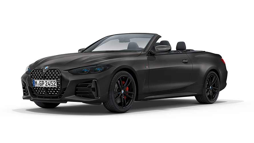 BMW M440i xDrive Кабриолет G23 2020 BMW Individual Frozen Deep Grey metallic три четвърти изглед отпред с отворен мек покрив