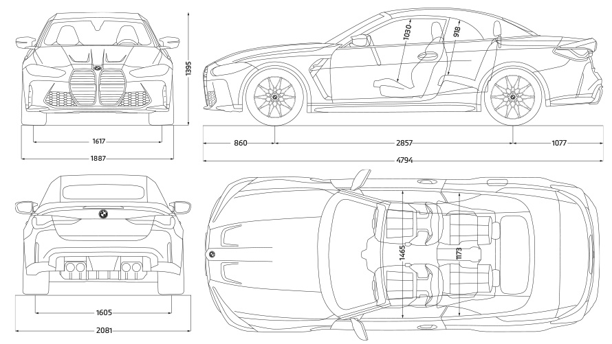 BMW M4 Competition Кабриолет с М xDrive G83 2021 скица изглед отстрани BMW M4 Competition Кабриолет с М xDrive G83 2021 скица размери изглед отстрани