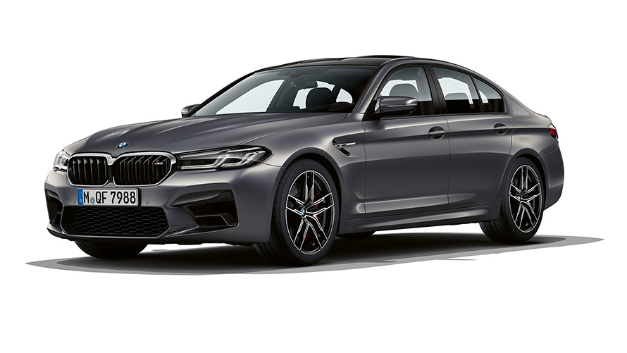 BMW M5 F90 LCI фейслифт 2020 Brands Hatch Grey metallic три четвърти изглед отпред