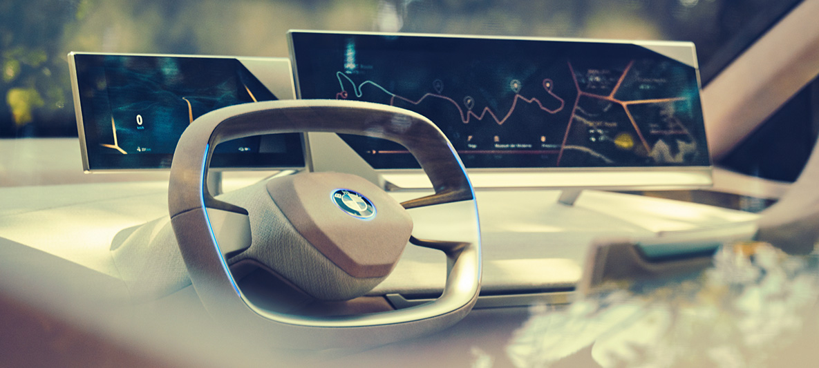 Интериорът на BMW Vision iNEXT Интериорът на BMW Vision iNEXT с волана и арматурното табло
