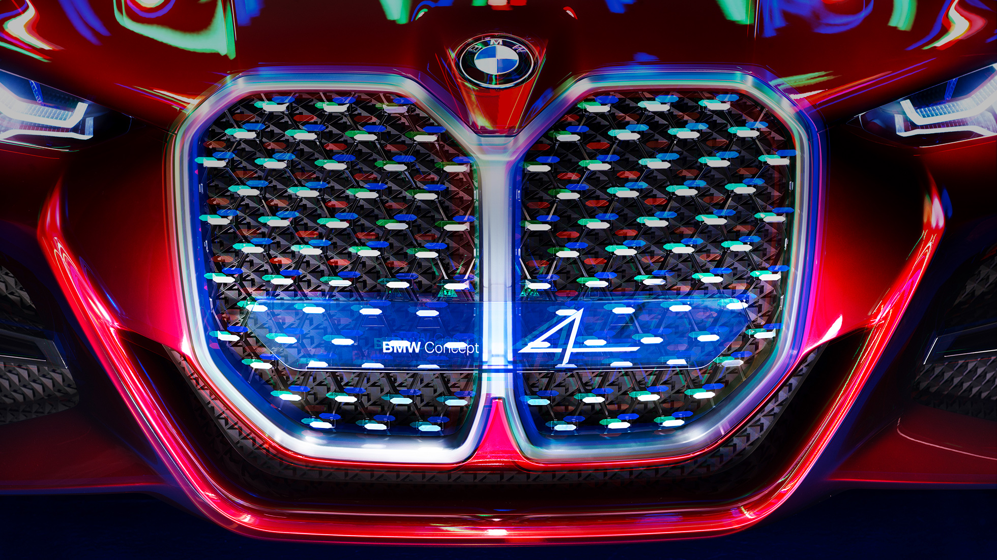 Вертикална BMW бъбрековидна радиаторна решетка, BMW Concept 4 Вертикална BMW бъбрековидна радиаторна решетка с елементи от огледално стъкло, BMW Concept 4 Forbidden Red, външен дизайн