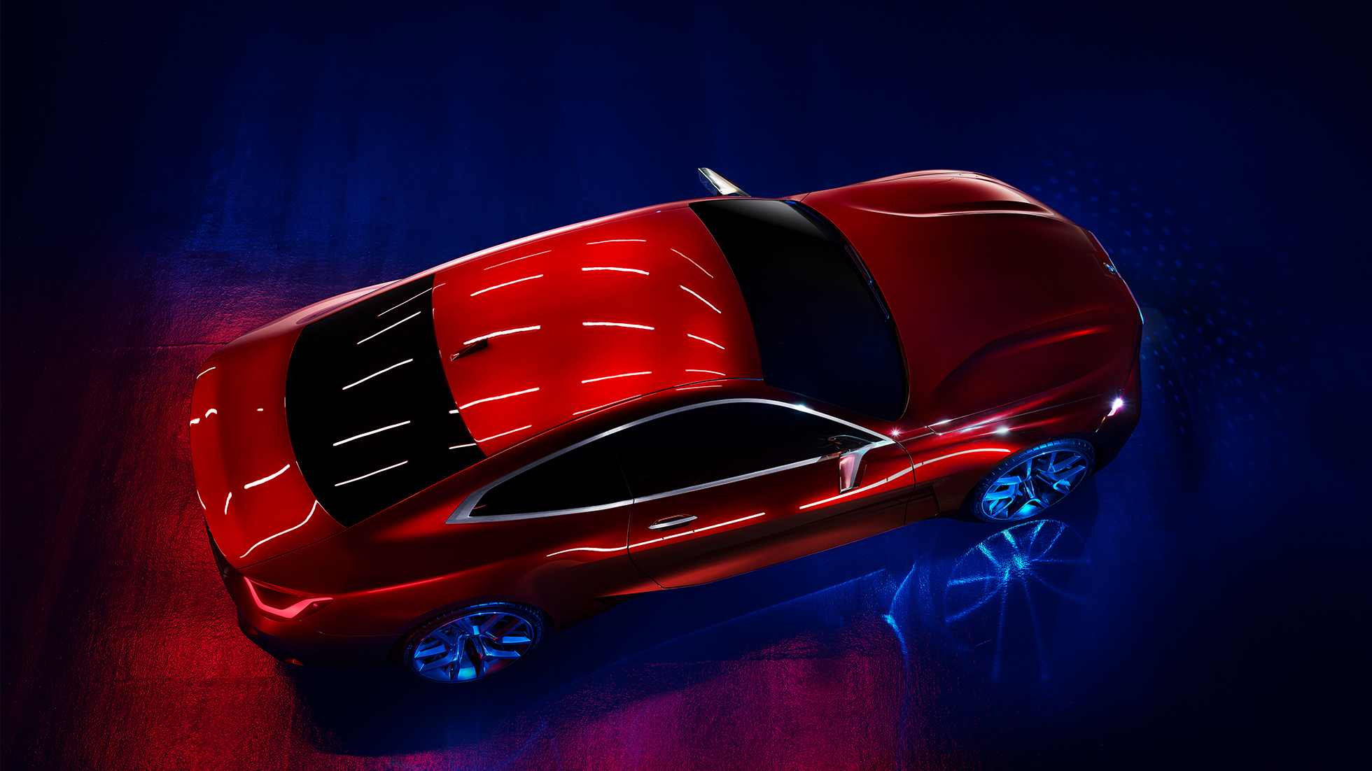 Лаково покритие Forbidden Red BMW Concept 4, външен дизайн Вълнуващото лаково покритие Forbidden Red BMW Concept 4, външен дизайн, от перспектива птичи поглед