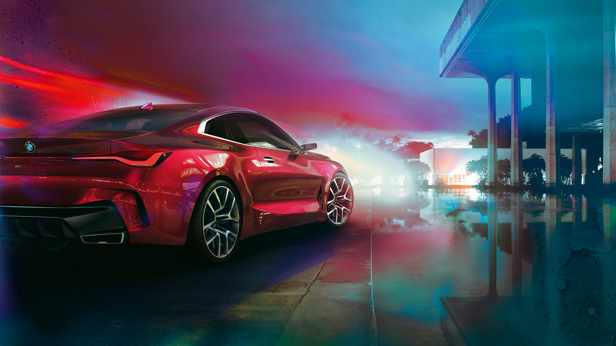 BMW Concept 4, три четвърти изглед отзад BMW Concept 4 Forbidden Red, външен дизайн, три четвърти изглед отзад