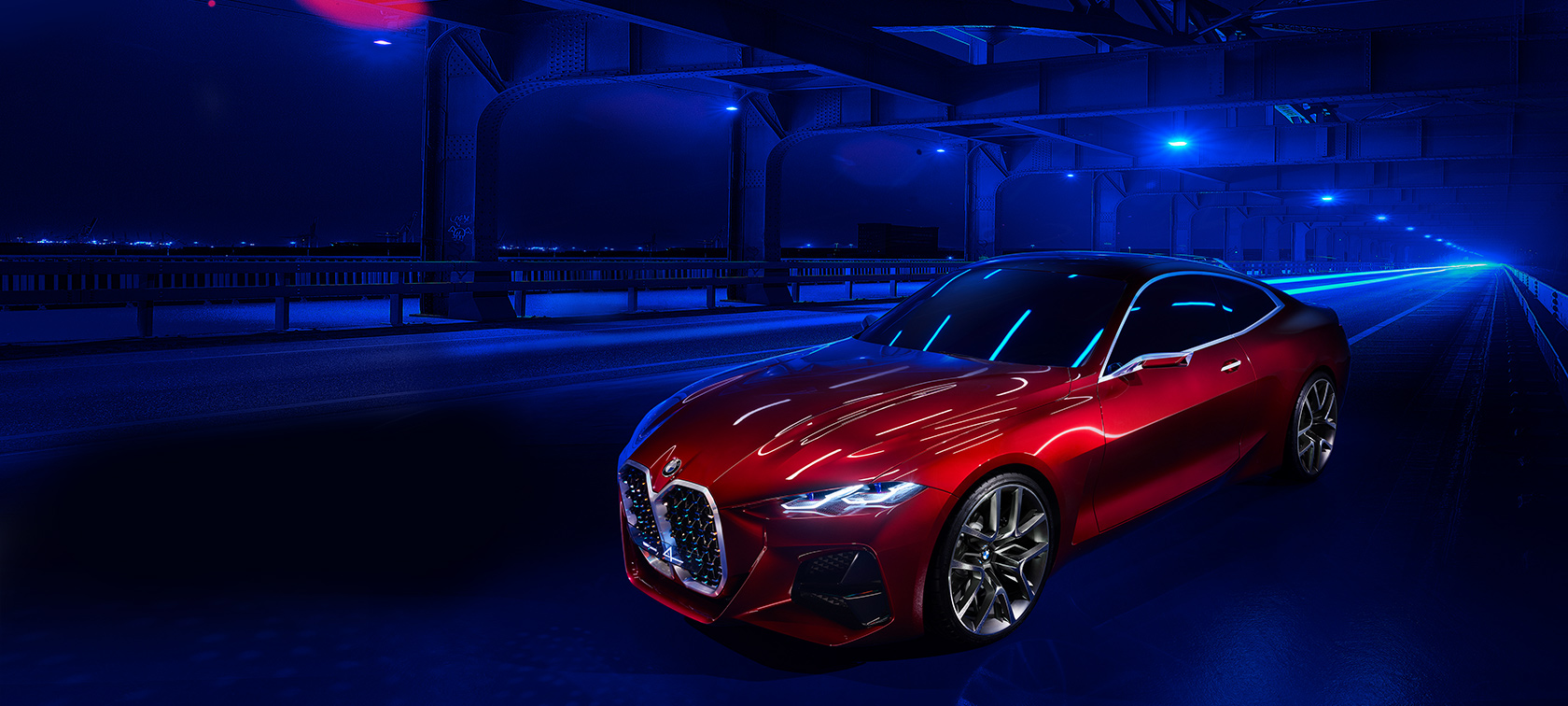 BMW Concept 4, три четвърти изглед отпред BMW Concept 4 Forbidden Red екстериорен дизайн, в движение, три четвърти изглед отпред
