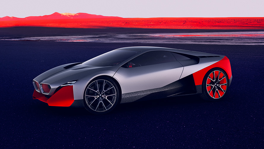 BMW Vision M NEXT на фона на гора BMW Vision M NEXT на фона на гора три четвърти изглед отпред