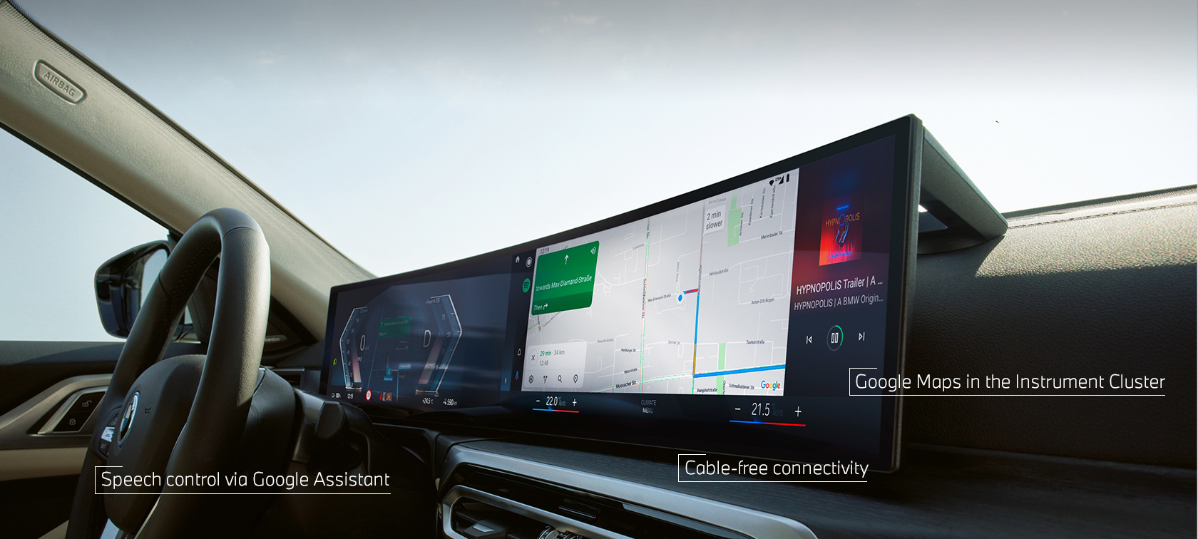Android AutoTM върху BMW Curved Display Android AutoTM с BMW Curved Display в автомобил с BMW ConnectedDrive