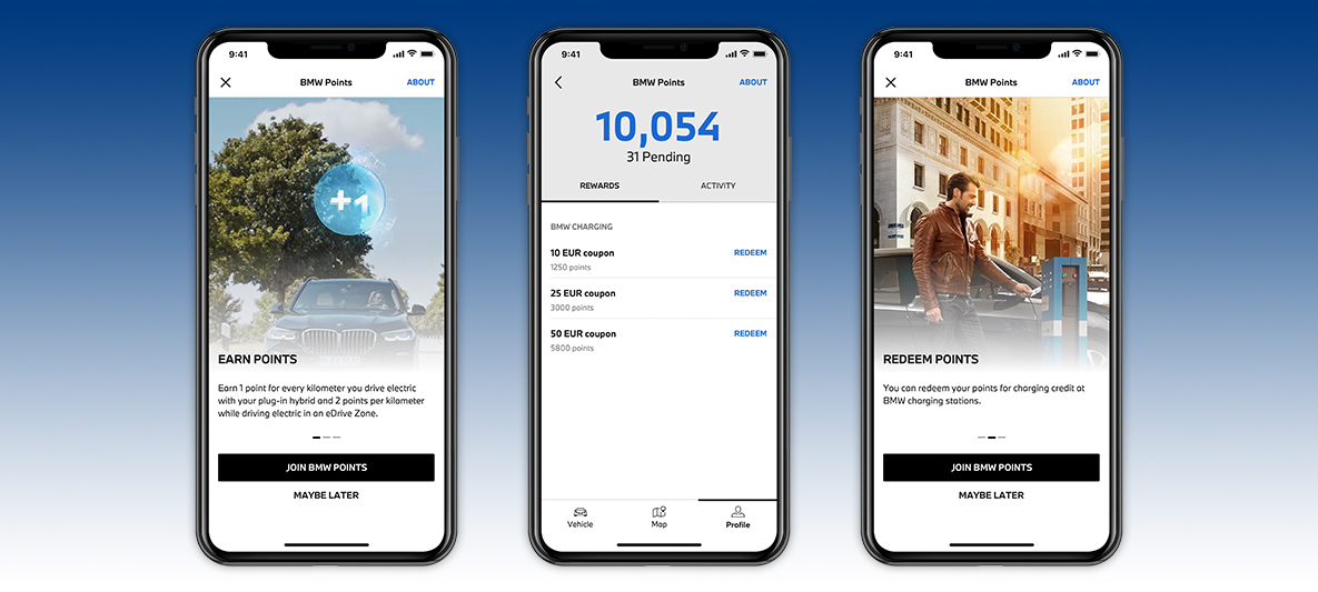 My BMW App електронно шофиране и събиране на BMW Points екран на смартфон My BMW App електронно шофиране и събиране на BMW Points екран на смартфон