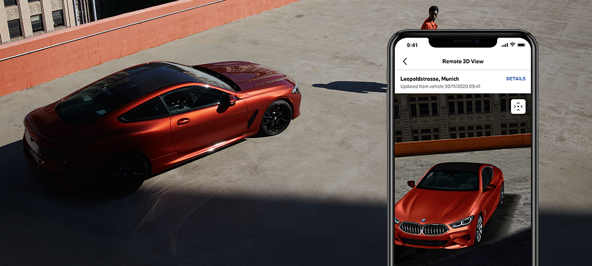My BMW App постоянно следене на автомобила BMW с човек от перспектива птичи поглед My BMW App постоянно следене на автомобила BMW с човек от перспектива птичи поглед